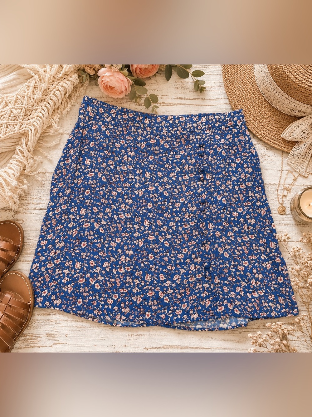 Madewell Blue Floral Mini Skirt Size 6 A-Line Side Button Detail
